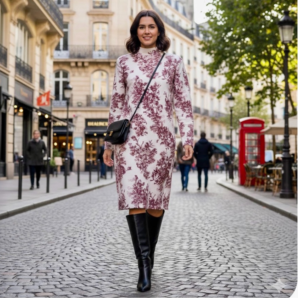 Zara Ivory and like Burgundy Floral Long Sleeve Dress